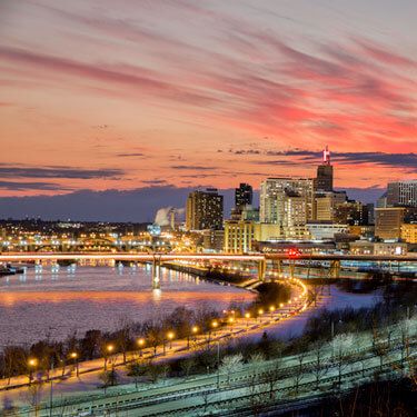 Minnesota city skyline at sunset