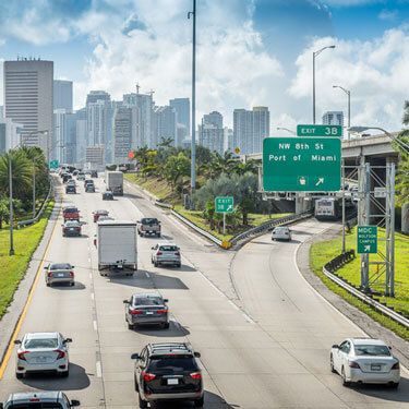 aerial view of Miami, FL highway exit to port of Miami