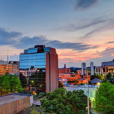 city skyline at sunset