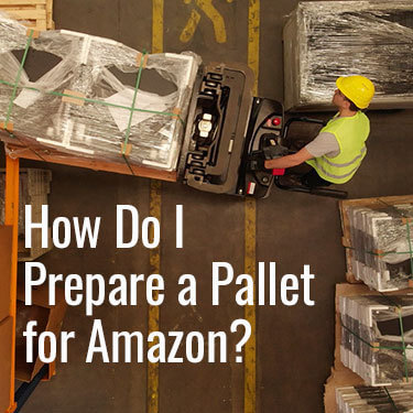 Aerial view of a warehouse worker operating a walkie forklift to move a pallet with boxes stacked on it.